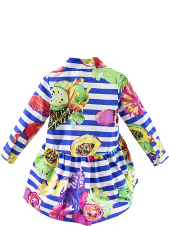Stella Jean Little Girl Dress With Blue Stripes With Fruits