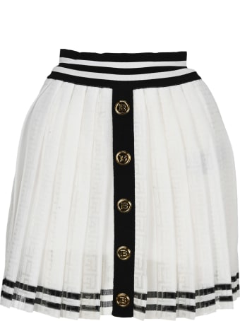 Balmain White And Black Pleated Skirt With Balmain Monogram