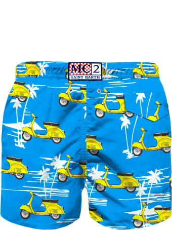 MC2 Saint Barth Vespa© And Palms Print Boy's Swim Trunks - Vespa® Special Edition