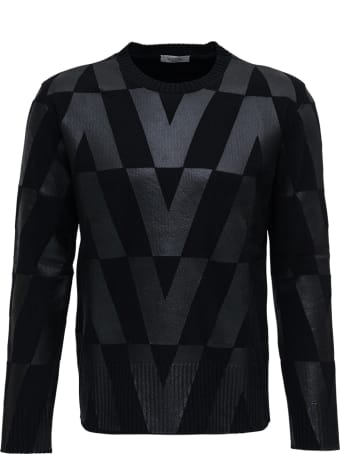 Valentino Black Wool Crew Neck Sweater With Macro Optical Print