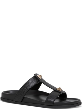 Valentino Garavani Roman Stud Slide Sandals In Black Leather