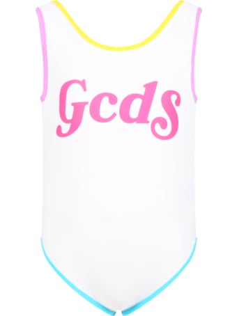 GCDS White Swimsuit For Girl With Logo