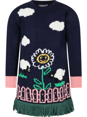 Stella McCartney Kids Blue Dress For Girl With Flower And Clouds