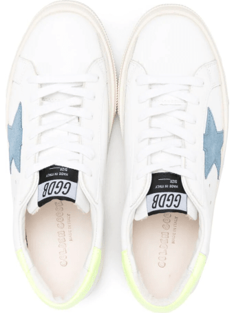 Golden Goose Kid White Super-star Sneakers With Light Blue Star And Fluo Yellow Spoiler