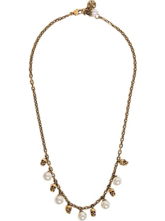 Alexander McQueen Skull Necklace In Antique Brass With Pearls