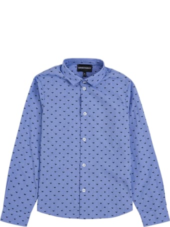 Emporio Armani Light Blue Cotton Shirt With Allover Logo Print