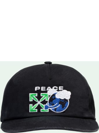 Off-White Cotton Cap With Peace Worldwide Embroidery
