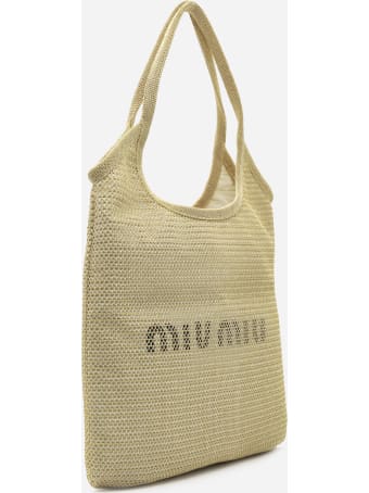 Miu Miu Tote Bag In Woven Raffia With Logo Print