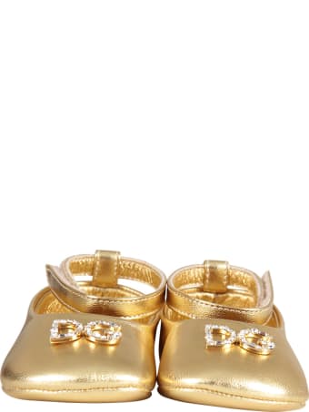 Dolce & Gabbana Gold Ballerina Shoes For Babygirl With Metallic Logo