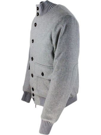 Kired Cashmere Bomber Jacket Padded In Real Goose Down With Collar, Cuffs And Details In English Rib Knit And Zip And Button Closure