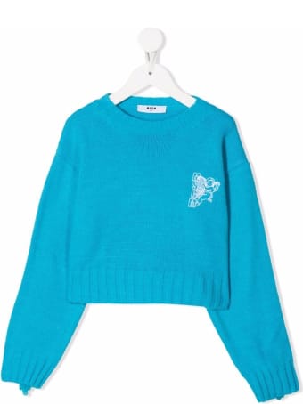 MSGM Kids Turquoise Sweater With Fringes And Logo