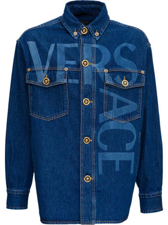 Versace Blouson Denim/jeans College Fit Denim Stone Washed Con Lavorazione Loghi Laser