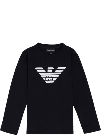 Emporio Armani Long-sleeved Blue Cotton T-shirt With Logo Print