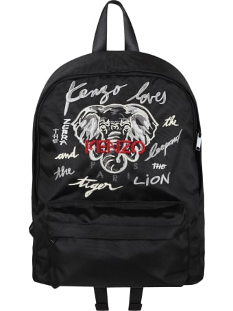 Kenzo Kids Black Backpack For Boy With Elephant