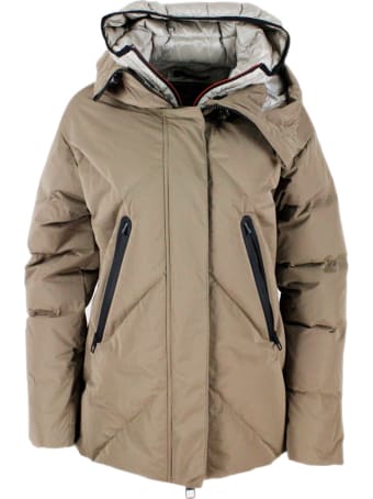 Montecore Down Jacket In Real Goose Down With Chevron Pattern With Diamond Quilting, With Double Hood With The Internal One With Detachable Front