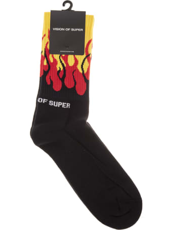 Vision of Super Yellow Socks With Double Black And Red Flame