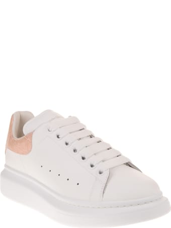 Alexander McQueen Woman White And Crocodile-effect Pink Oversize Sneakers