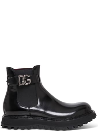 Dolce & Gabbana Glossy Black Leather Boots With Logo