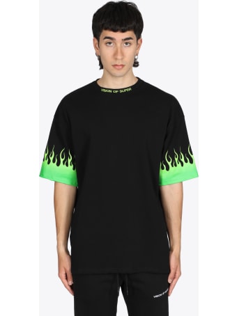 Vos/b1greensfu Cotton Black cotton t-shirt with green flames