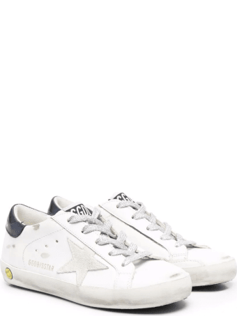 Golden Goose Junior White And Navy Blue Super-star Sneakers With Lurex Laces