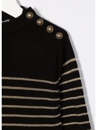 Balmain Kids Dress In Black Knit With Golden Stripes And Embossed Buttons
