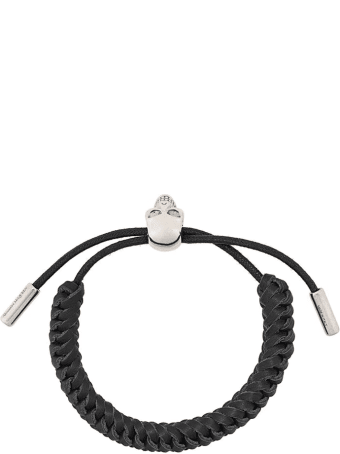 Alexander McQueen Man Black Skull Bracelet In Woven Leather With Sliding Closure