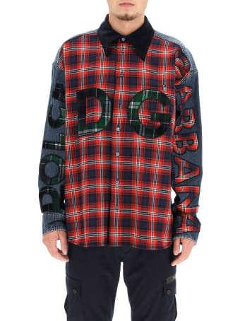 Dolce & Gabbana Oversized Denim And Flannel Shirt With Logo
