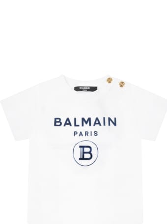 Balmain White T-shirt For Babykids With Double Blue Logo