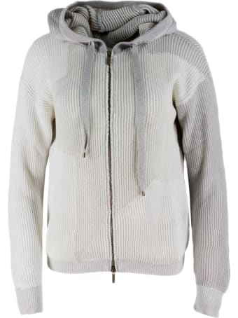 Lorena Antoniazzi Half English Rib Hooded Sweater With Zip And Lurex Filaments