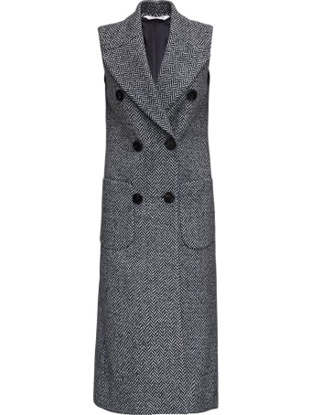 Tonello Sleeveless Grey Long Coat In Herringbone Wool