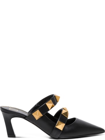 Valentino Garavani Black Leather Roman Stud Mules
