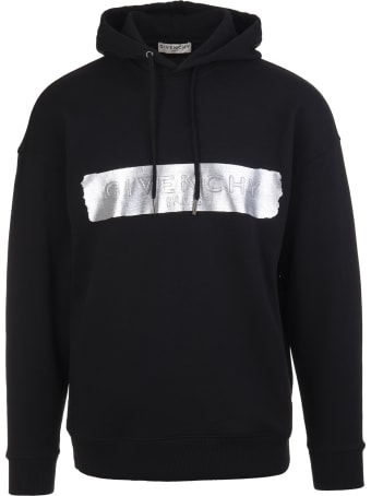Givenchy Man Black Hoodie With Givenchy Stripe In Silver Latex
