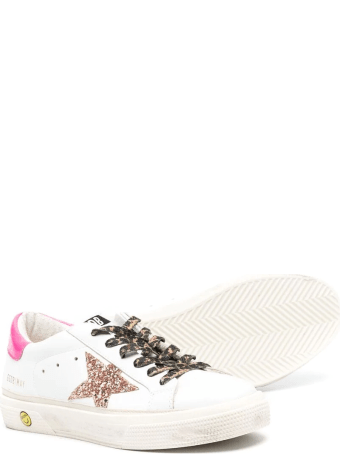 Golden Goose Kid White Super-star Sneakers With Pink Glitter Star And Leopard Laces