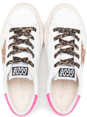 Golden Goose Kid White Super-star Sneakers With Fuchsia Spoiler, Leopard Laces And Pink Glitter Star