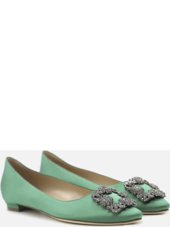 Manolo Blahnik Hangisi Satin Ballet Flats With Jewel Buckle