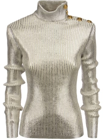 Balmain Silver Wool Sweater With Gold Buttons