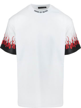 Vision of Super White Oversize T-shirt With Black And Red Double Flames