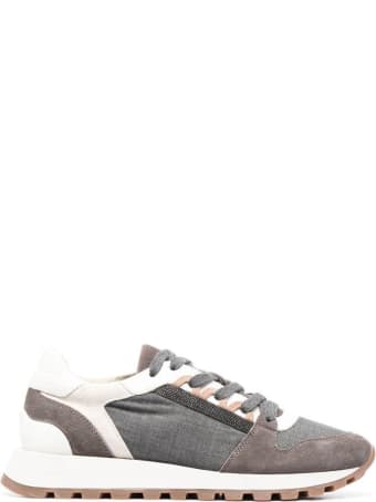 Brunello Cucinelli Leather And Fabric Panel Sneakers With Monile Detail