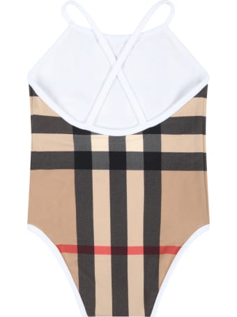 Burberry Biege Swimsuit For Baby Girl With Iconic Vintage Check