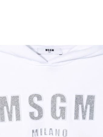 MSGM Kids White Hoodie With Silver Glitter Logo
