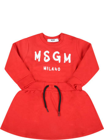 MSGM Red Dress For Baby Girl With Logo