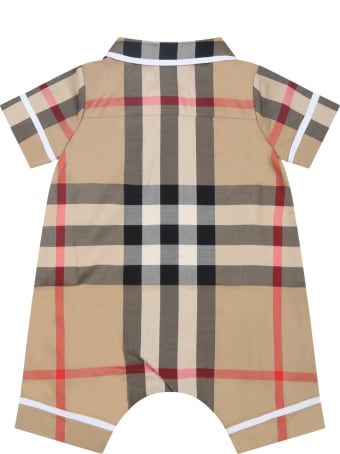 Burberry Beige Romper For Baby Boy With Check Vintage