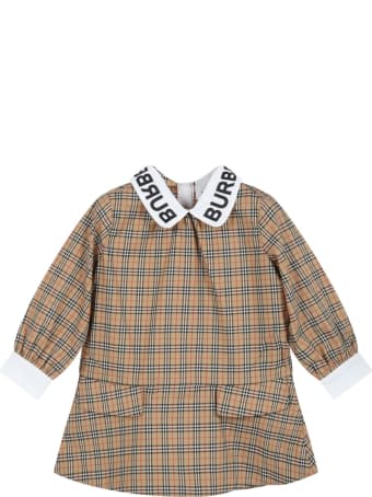 Burberry Beige Dress For Baby Girl With Black Logo