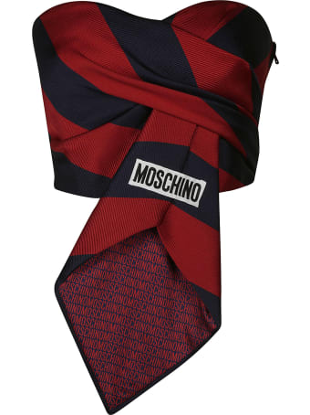 Moschino Tie Detail Logo Patched Stripe Cropped Top