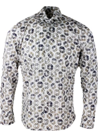 Sonrisa Luxury Shirt In Soft, Precious And Very Fine Stretch Cotton Flower With French Collar In Patterned Circles Style Print In Contrasting Color