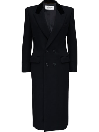 Saint Laurent Double-breasted Black Gabardine Long Coat