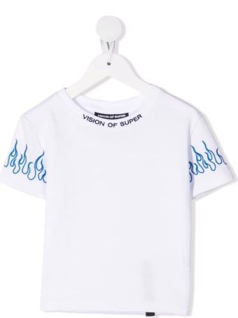 Vision of Super Unisex Kid White T-shirt With Embroidered Blue Flames