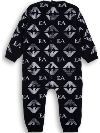 Emporio Armani Blue Wool And Silk Onesie With Allover Logo Print