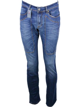 Jeckerson 5-pocket Denim Jeans Trousers In Stretch Cotton With Stitching On Zip Patch With Slim Fit