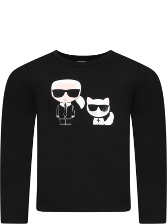 Karl Lagerfeld Kids Black T-shirt For Kids With Karl Lagerfeld And Choupette